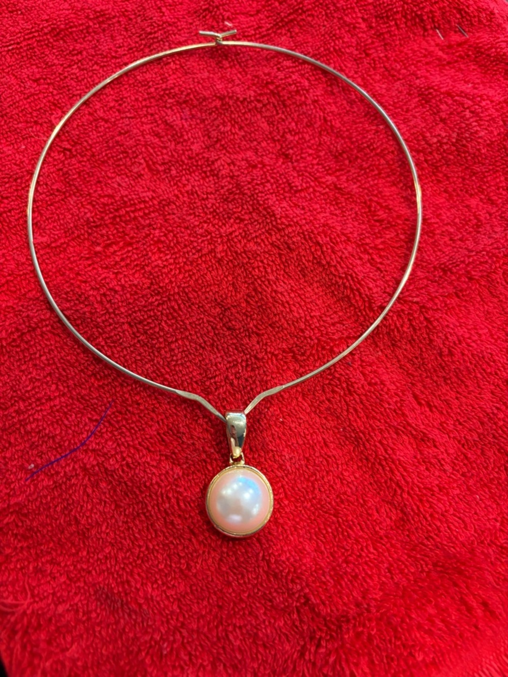 Vintage Gold Tone Torque Collar Choker Necklace Mabe Pearl Pendant